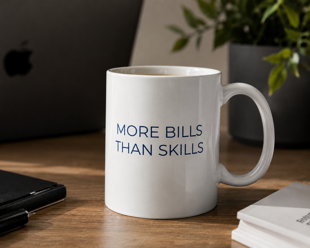 More Bills Than Skills Mug | Funny Coffee Mug | Adulting Humor Gift | Coworker Gift | Office Coffee Cup | Funny Money Gift